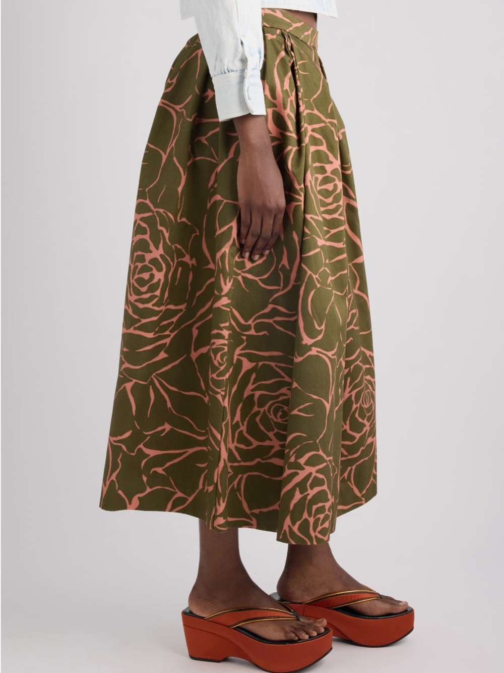 Dries Van Noten Olive and Pink Floral Midi Skirt - Picture 3 of 5